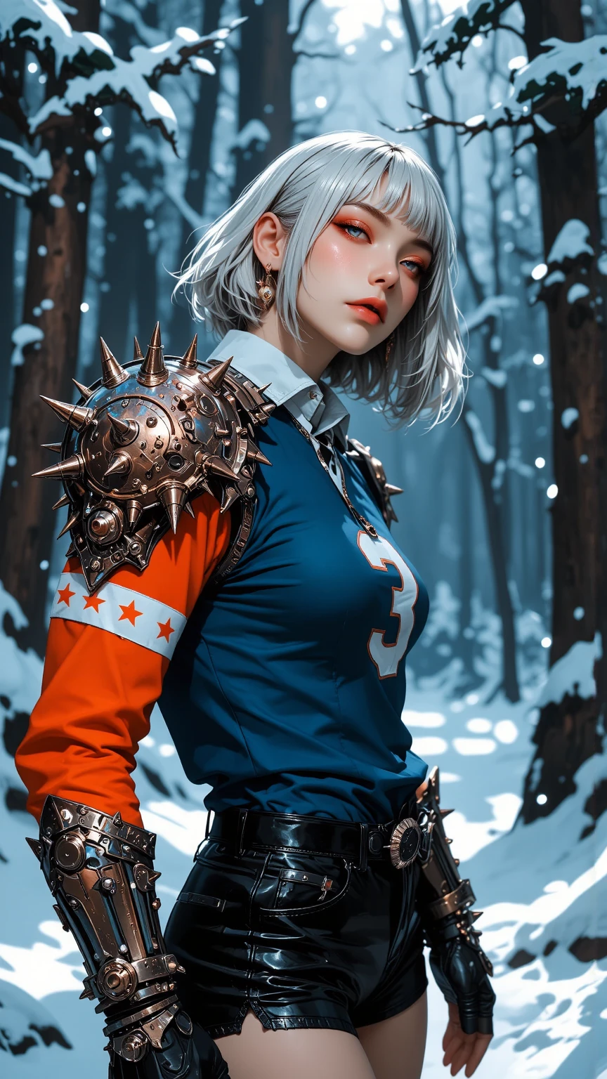 ((complicated escenario)),((Snowy forest background)), (shiny winter decoration),high resolution,sharp focus,(초high resolution, more),(Realistic artwork:1.37),( more CG unity 8k wallpaper),(((bright colors,a vibrant theme))),(complicated),(걸작),(better quality), artistic photo ,(Photos taken by sldr),(complicated background), old man's silver beard , perfect facial detail ,realistic face of Mount Munsan,realistic picture of a person just a bar,((complicated detail)),(((realism))),, (((female))), (((better quality))), (((걸작))), (((1 girl))), ((( bob haircut ))), Uma gladiadora cyberpunk female de 25 anos com corpo perfeito, shoulder pad with metal thorns ., Gladiators of Brooklyn, (( bob haircut )), tiny leather panties, torn rugby team shirt, heavy metal magazine cover in Simon Beasley's wild urban style, short blonde, , Metal protection on the left arm with intricate graphics., dark orange with white stars and white checkerboard pattern, navy blue and copper, Armor, full of spikes and rivets, (((Above the knee))), short blonde 머리, no fundo uma parede pintada por Shepard Fairey com um design complicated, 32,000