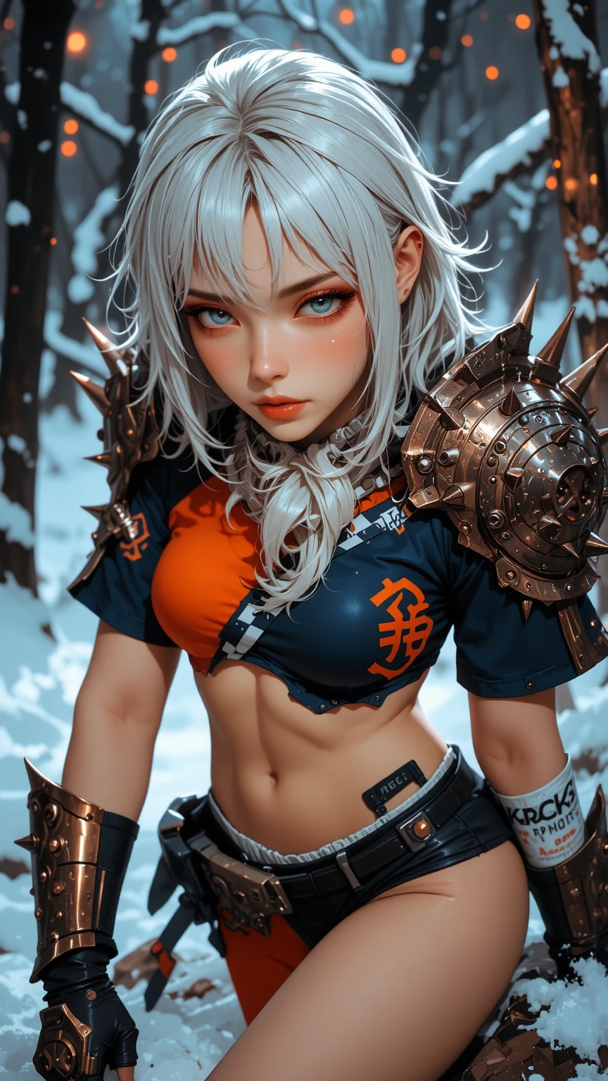 ((complicated escenario)),((Snowy forest background)), (shiny winter decoration),high resolution,sharp focus,(초high resolution, more),(Realistic artwork:1.37),( more CG unity 8k wallpaper),(((bright colors,a vibrant theme))),(complicated),(걸작),(better quality), artistic photo ,(Photos taken by sldr),(complicated background), old man's silver beard , perfect facial detail ,realistic face of Mount Munsan,realistic picture of a person just a bar,((complicated detail)),(((realism))),, (((female))), (((better quality))), (((걸작))), (((1 girl))), ((( bob haircut ))), Uma gladiadora cyberpunk female de 25 anos com corpo perfeito, shoulder pad with metal thorns ., Gladiators of Brooklyn, (( bob haircut )), tiny leather panties, torn rugby team shirt, heavy metal magazine cover in Simon Beasley's wild urban style, short blonde, , Metal protection on the left arm with intricate graphics., dark orange with white stars and white checkerboard pattern, navy blue and copper, Armor, full of spikes and rivets, (((Above the knee))), short blonde 머리, no fundo uma parede pintada por Shepard Fairey com um design complicated, 32,000