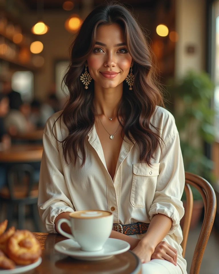 influencer-close-up-shot-by-stable-yogi
 1. "Fashion-forward Instagram influencer (ethnicity: Mixed race, age: mid-20s) in a chic, urban coffee shop at sunset (setting: cozy, trendy). She's wearing a vintage-inspired midi dress (fabric: floral print silk) with statement accessories, her hair in soft waves, and glowing, natural makeup. She's posing with a latte (action: candid, smiling), her look complemented by the warm, golden hour light."