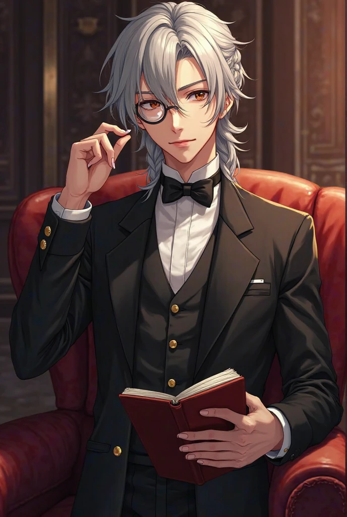 (masterpiece, 8k, high quality, best quality:1.6), 1boy, solo, long hair, white hair, asymmetrical fringe, blue eyes, handsome, sharp eyes, (mature male, mature:1.2), male focus, fashionable,no shirt, necklace, indoors, castle, dark red wallpaper, close up, smile, long eyelashes, soft shadows, perfect anatomy, nudity, topless, hot, perfect body, full body, book reading,