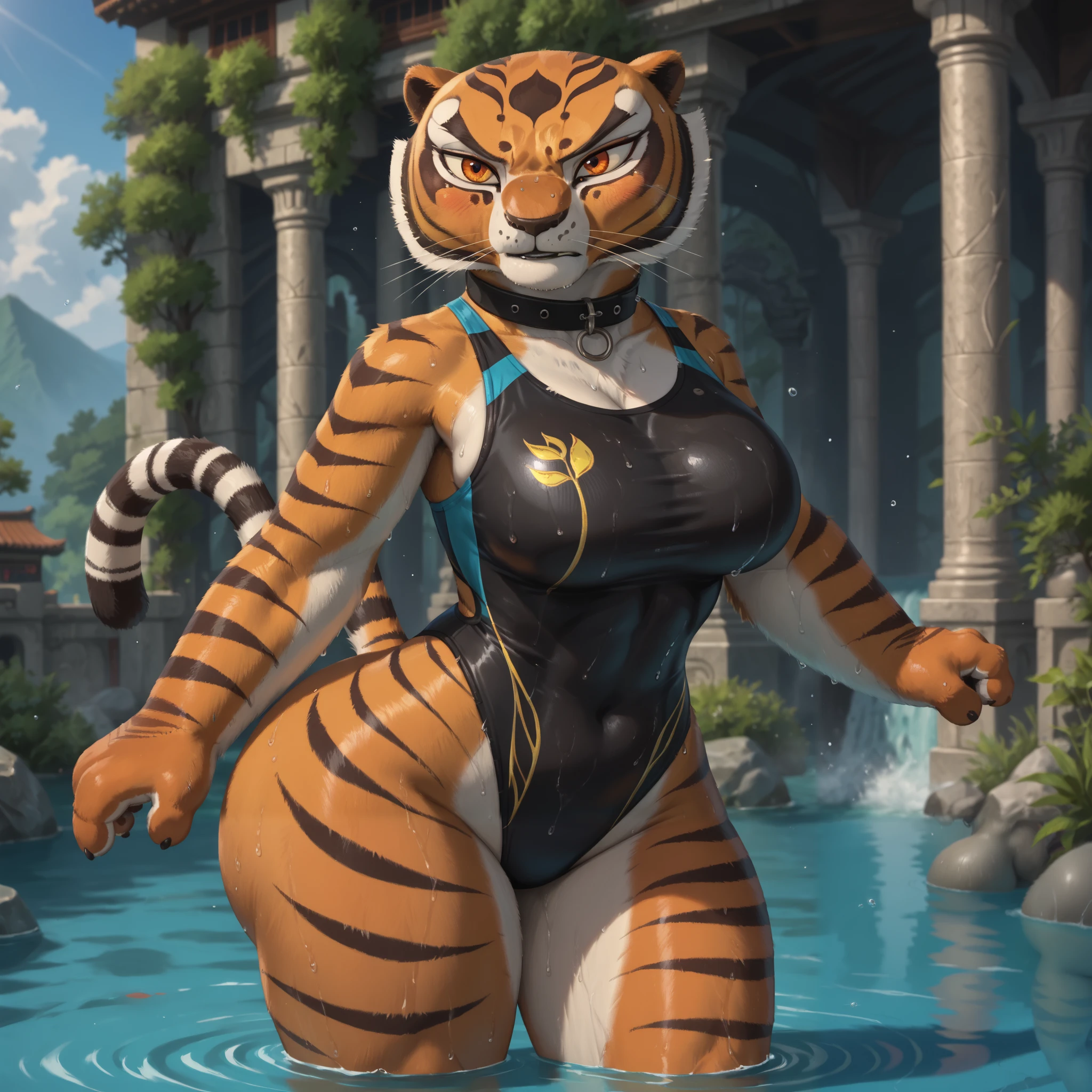 score_9, score_8_up, score_7_up, source_anime, source_furry, (beautiful, detailed background, digital artwork, digital art, well shaded artwork, depth, detailed artwork)1.2, 1girl, female, furry, anthro, Master tigress (Kung fu panda), Anthro tiger, detailed fluffy fur, bald, large expressive eyes, (detailed orange eyes, black pupils)1.2, goth girl, heavy eye makeup, black eyeliner, black mascara, black lipstick, (((massive bust))), bulging breasts, wide hips, (((thick thighs))), (((massive butt))), closeup++, facing viewer, temple setting, blue sky, big black collar, sweat, tiny waist, competition swimsuit, angry, blushing, tiger tail, standing in water