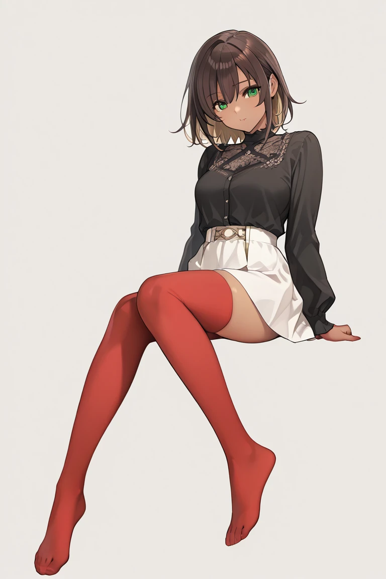 Anime, 1girl, brown hair, short hair, red eyes, green jacket, white shirt, brown shorts, red shoes, black tights, red knife, yellow flower crown, golden heart locket, slight smile, snow, snowflakes, 