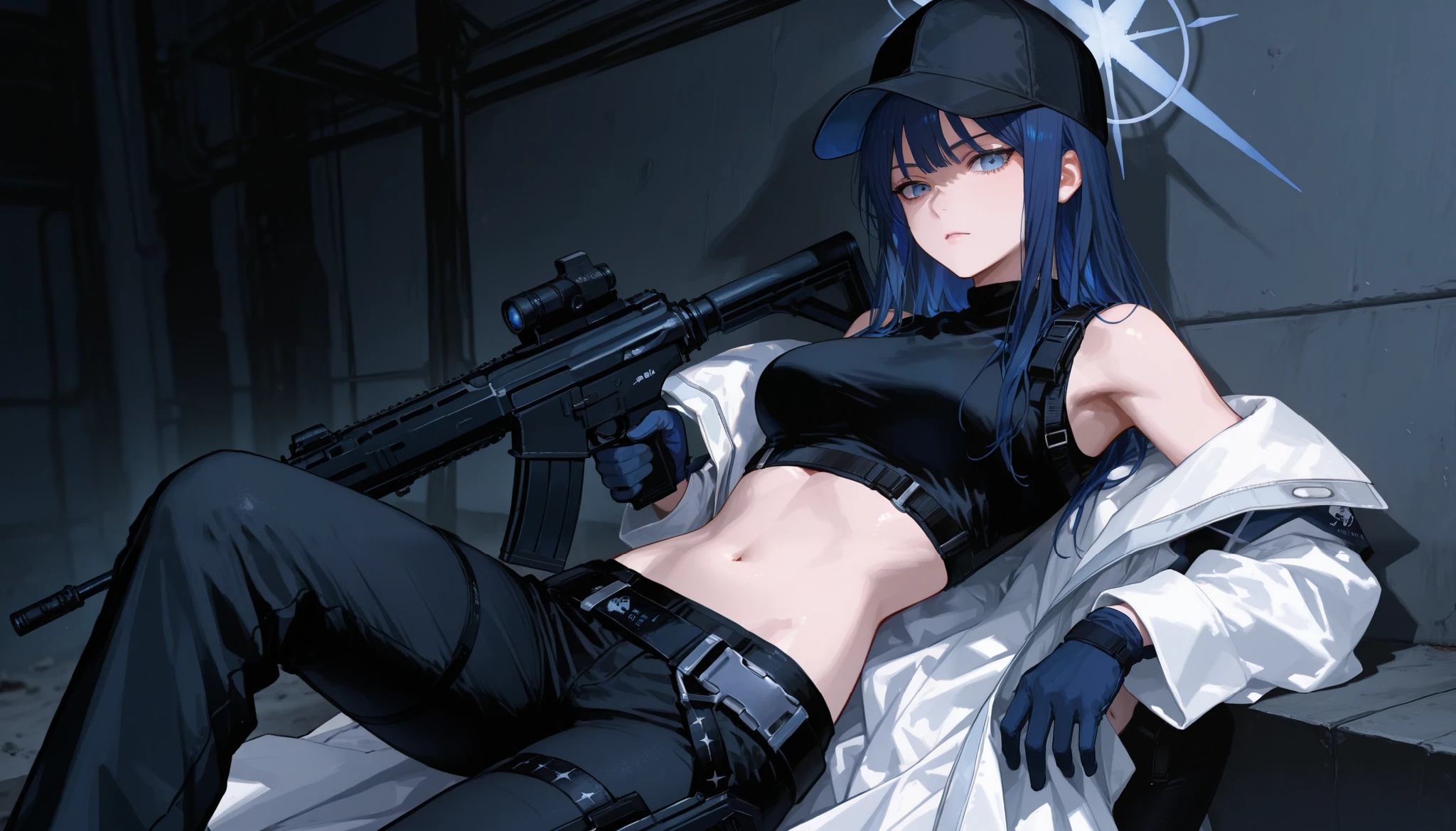 score_9 , score_8_up , score_7_up , source_anime , saorijoumae , saori joumae , blue eyes , blue hair , halo , long hair , bare arms , bare shoulders , belt , black headwear , black pants , black shirt , blue gloves , crop top , gloves, midriff , navel, shirt , sleeveless, white coat, open coat, off shoulder, long sleeves, holding assault rifle, looking at viewer