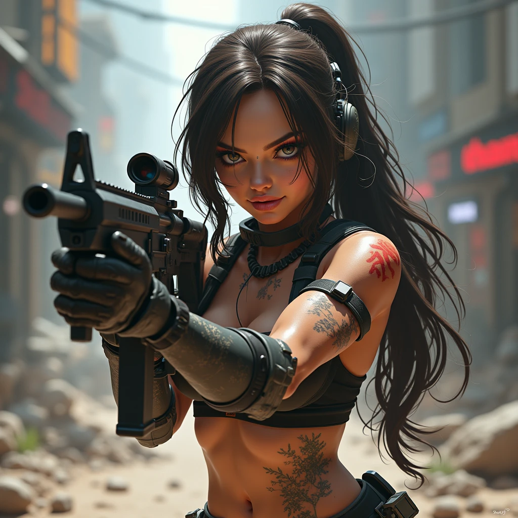 unreal engine:1.4,CG K ultra realistic, photorealistic:1.4, skin texture:1.4, artwork 1girl, Gatling gun, Casing, looking at viewer, dynamic pose, Blows, ammunition belt, gloves, large breasts not disproportionate, shooting , extremely detailed:1.4, more detailed, optical mix, playful patterns, animated texture, unique visual effect, or cyberpunk yellow color, red pantyhose, yellow leather miniskirt, masterpiece, ((colors, cyan, greens, pink, brown: 1.2)), 8k realistic digital art)), 32k