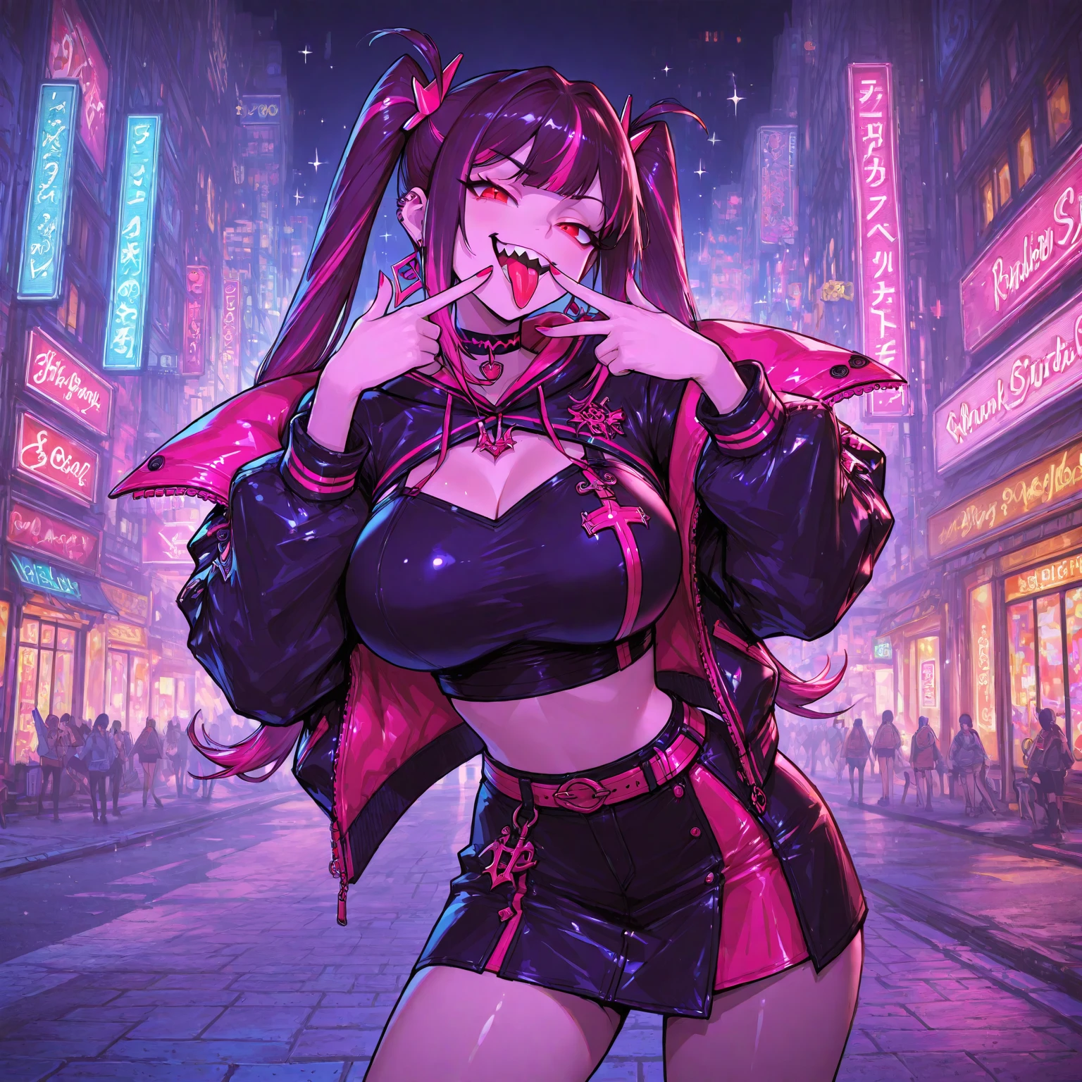 Professional Photography, 8k, highly detailed, intense lighting, daytime photography, sun light,
BREAK,
slave choker, succubus girl, (bat ears), (succubus horns), (black skin:1.6), red eyes, smug eyes, (red glowing hair), straight red hair, big boobs:1.2, blush, thick eyeliner, ((red eyebrows)),
BREAK,
((((Layers of bright colorful accessories)))), sticker-covered platform heels, ((mismatched thigh-highs)), (oversized bows), (((((statement decora fashion))))), (((plethora of kawaii accessories))), the character starring in a Harajuku-themed fashion editorial for a renowned magazine, BREAK, the photoshoot takes place against (iconic Harajuku backdrops), capturing the essence of the district's diverse fashion culture,