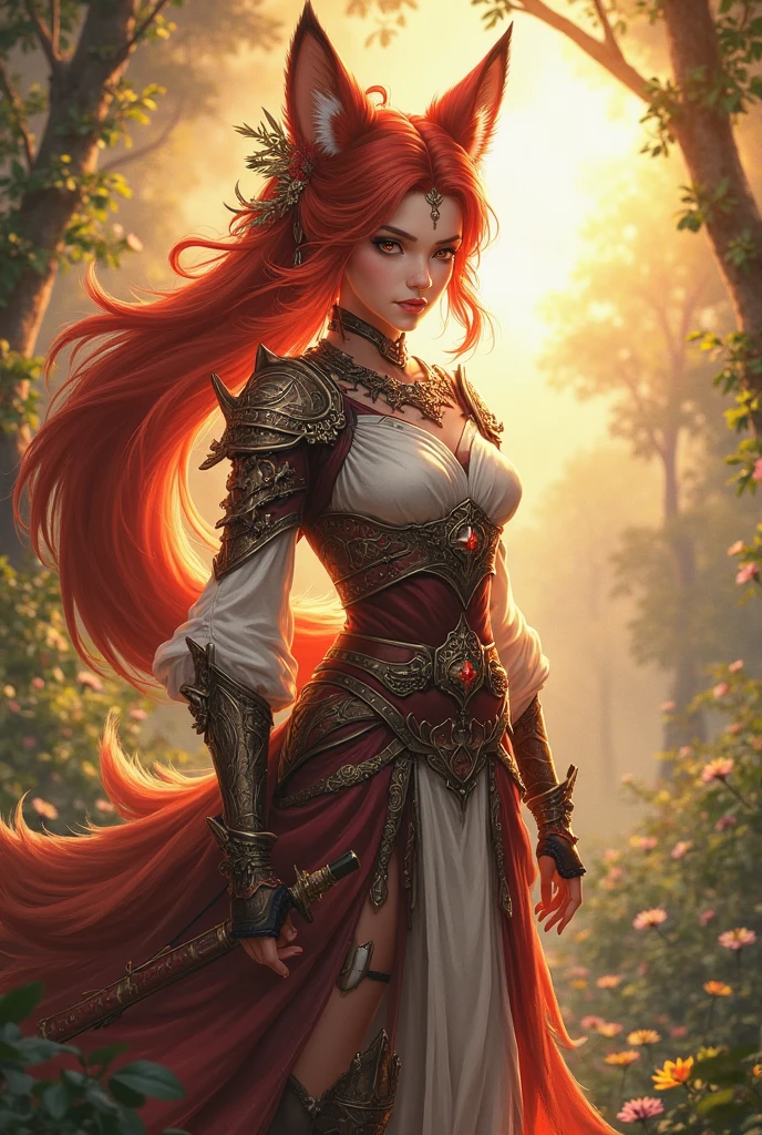 a woman in a red dress holding a sword in a forest, redhead queen in heavy red armor, fantasy woman, fantasy character art, elven warrior princess, lady in red armor, fantasy paladin woman, red-haired goddess, beautiful female paladin, epic fantasy character art, fantasy character, beautiful character painting, female redhead templar, seductive elf princess knight