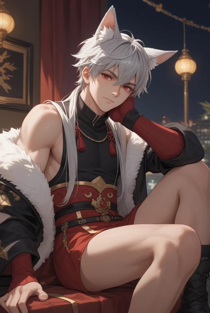 1 white wolf furry man, muscular, gay, young, 20 years old, sexy, chinese traditional sexy dress, hole in his chest, big chest, plump big juicy butt, teasing, flexing his chest, holding a red fan, tattoo, sexy pose, red carpet, Chinese architecture, blushing hard, smiling, surrounded by handsome old men, beautiful, man only, hd resolution, detailed face, slim body, furry shawl over the shoulders down to the hands, traditional chinese earrings.