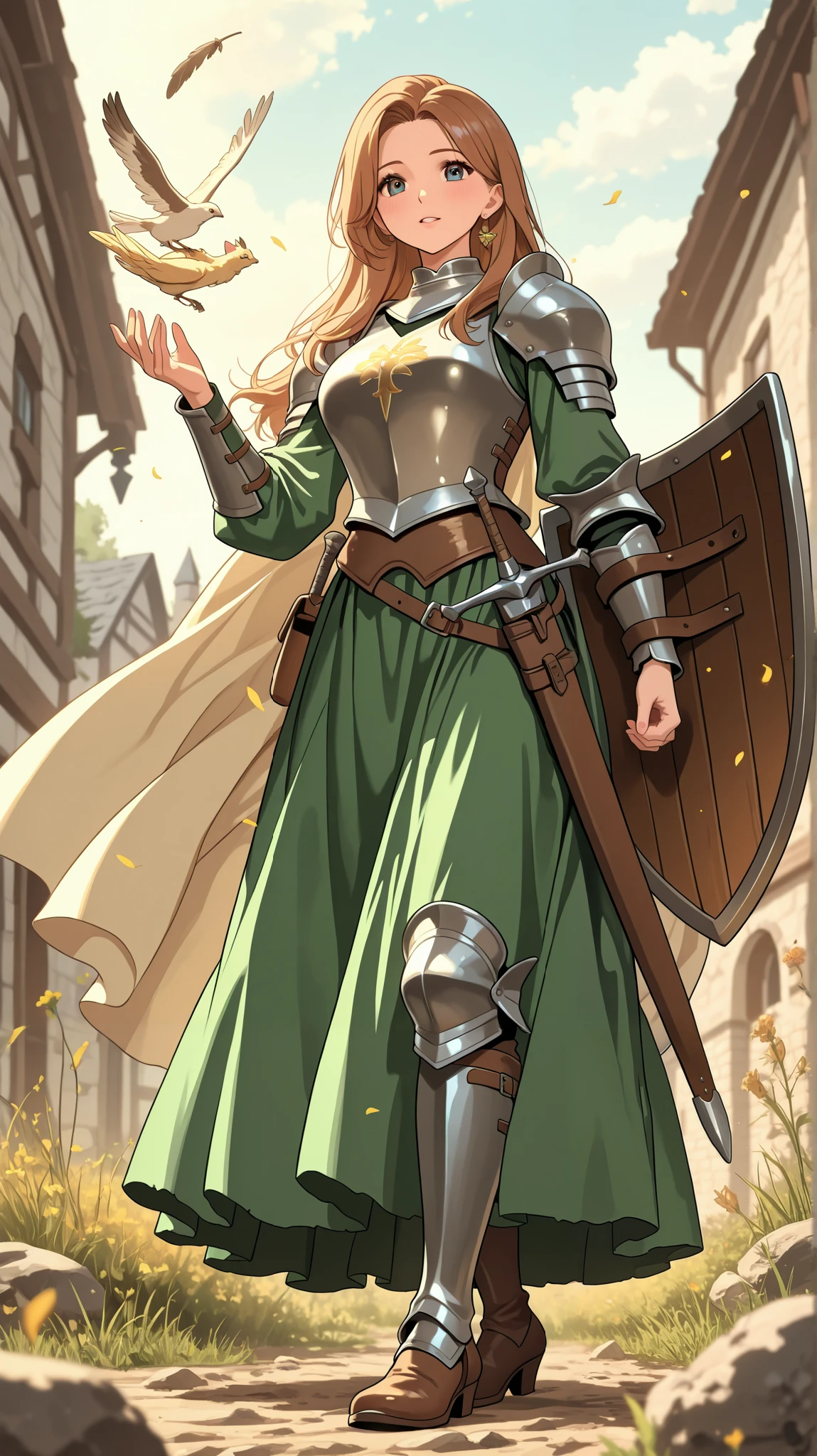 woman、 medieval knight 、 Gold、 shield on left hand、 Prairie in the Daytime