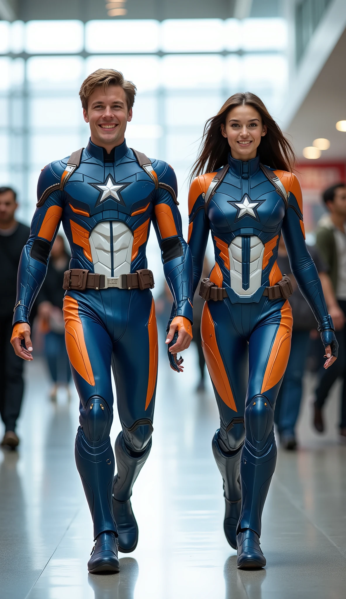 character: ung man, and 1 yowoman. They have brown hair and They have European faces.
action: Walk straight and look straight ahead.
Expression : smiling.
Costume : they Wearing futuristic white blue orange captain America body suit.
Background : A bright indoor public space , with people vaguely seen in the distance, shows that this picture was taken at a fun event or get-together, maybe a convention or costume . They radiate happiness as they walk confidently in their superhero costumes. Show the whole body.