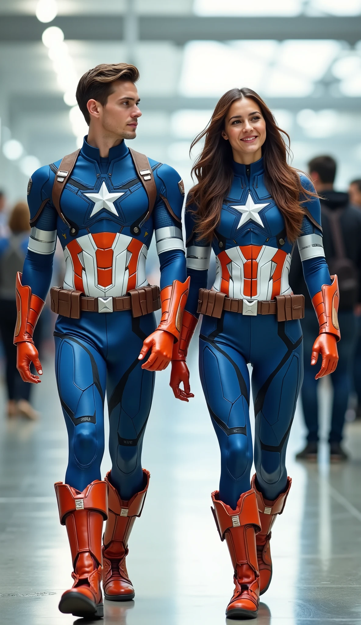 character: ung man, and 1 yowoman. They have brown hair and They have European faces.
action: Walk straight and look straight ahead.
Expression : smiling.
Costume : they Wearing futuristic white blue orange captain America body suit.
Background : A bright indoor public space , with people vaguely seen in the distance, shows that this picture was taken at a fun event or get-together, maybe a convention or costume . They radiate happiness as they walk confidently in their superhero costumes. Show the whole body.