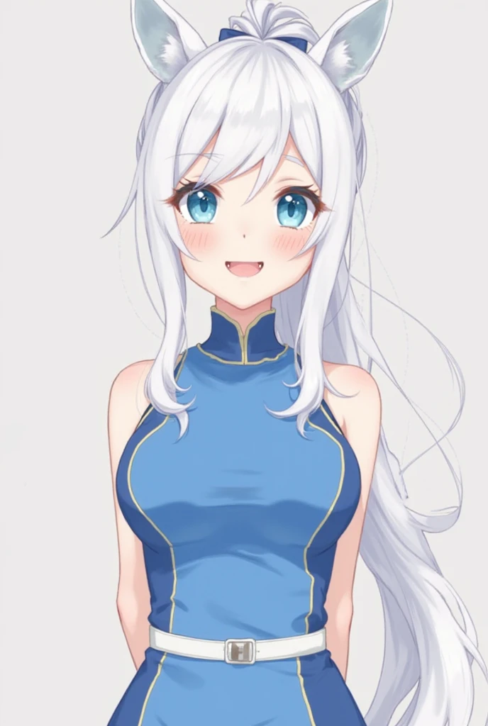 (High quality, High resolution, Fine details), BREAK Sleeveless blue dress with high neck, BREAK solo, curvy women, BREAK white hair, sparkling eyes, (Detailed eyes:1.2), smile, blush, Sweat, Oily skin, Soft tones, shallow depth of field
