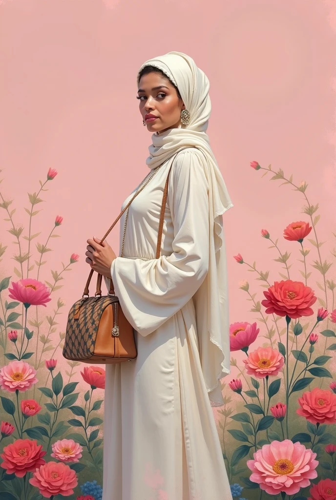 An artistic pastel blue-themed photo of a woman in a hijab, black color hijab, maroon dress with long flowery cardigan, kawaii style , standing amidst a field of tall, golden grass. The scene is bathed in warm, soft sunlight, with the blue sky overhead creating a harmonious and tranquil contrast.