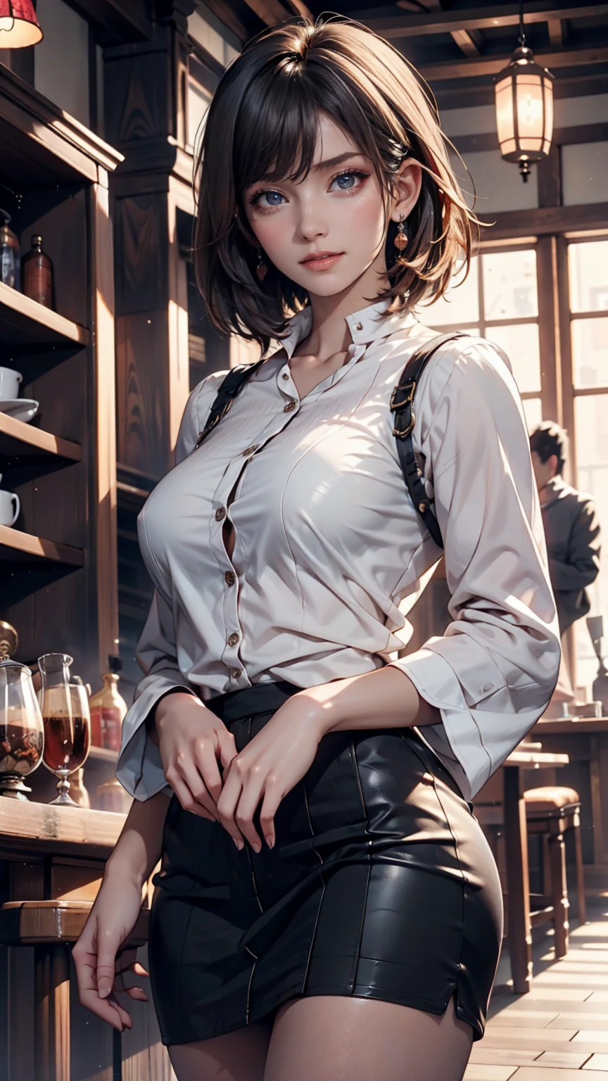 DEN_mariza_rabbit,
(working in a dark atmospheric bar, working behind the bar, pulling pints, bar, dark wood bar, atmospheric, wearing a shirt and tie and skirt:1.2),
bokeh, f1.4, 40mm, photorealistic, raw, 8k, textured skin, skin pores, intricate details <lora:epi_noiseoffset2:1>, epiCRealism