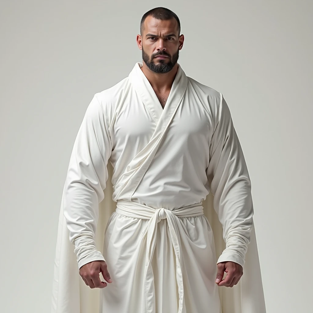 Create me a picture of a full body white man Muscular wearing a long black robe nude