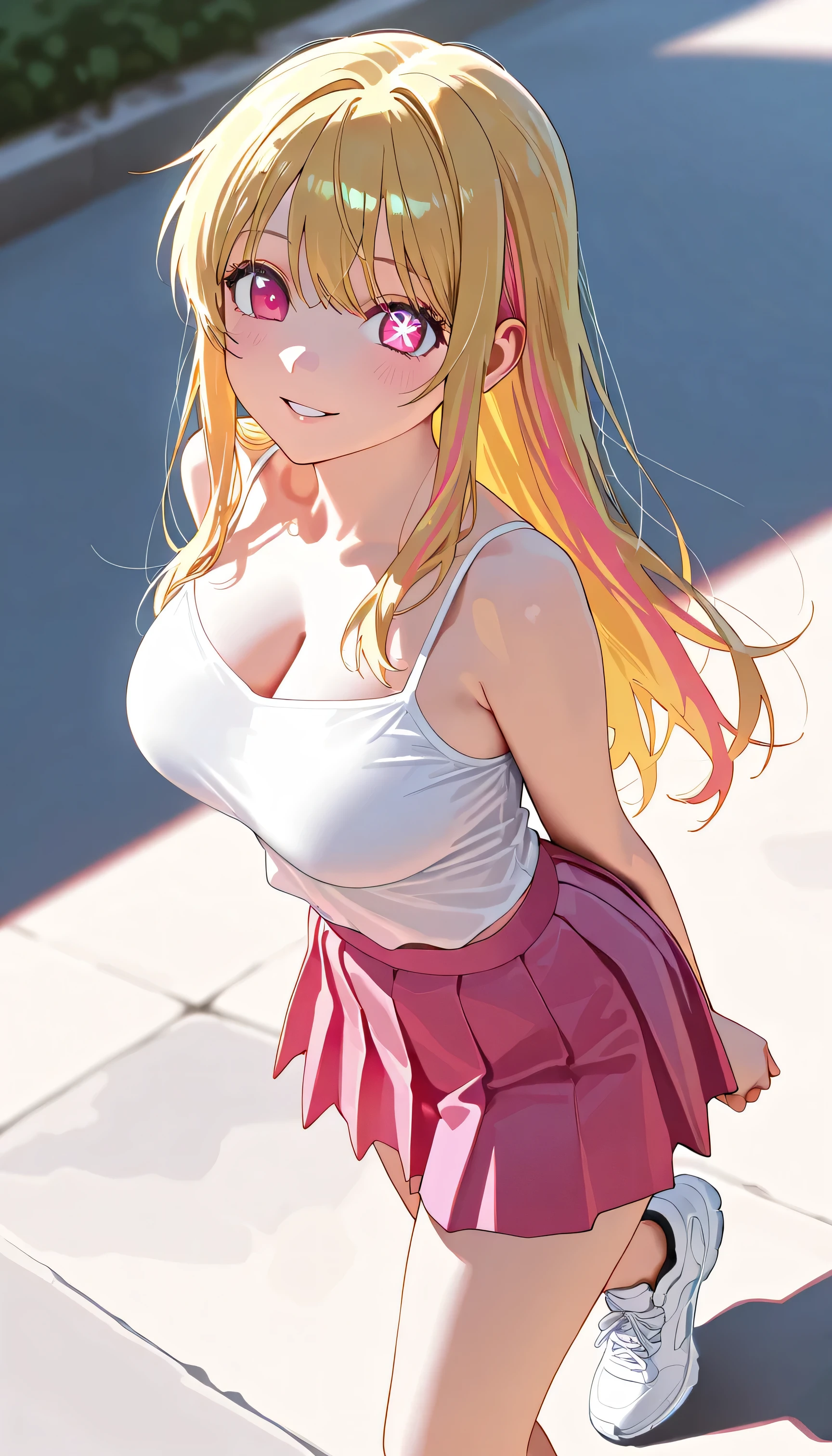 Masterpiece, newest, vibrant, very aesthetic, high contrast, young woman, Ruby Hoshino, long hair, bangs, blonde hair, pink eyes, sidelocks, symbol-shaped pupils, multicolored hair, two-tone hair, white color spaghetti strap top, pink color pleated mini skirt, white sneakers, big breast, full body, parted lips, smile, on the path, best quality, semrealistic, cowboy shot, fullmetal alchemist anime style, looking at viewer, full body view