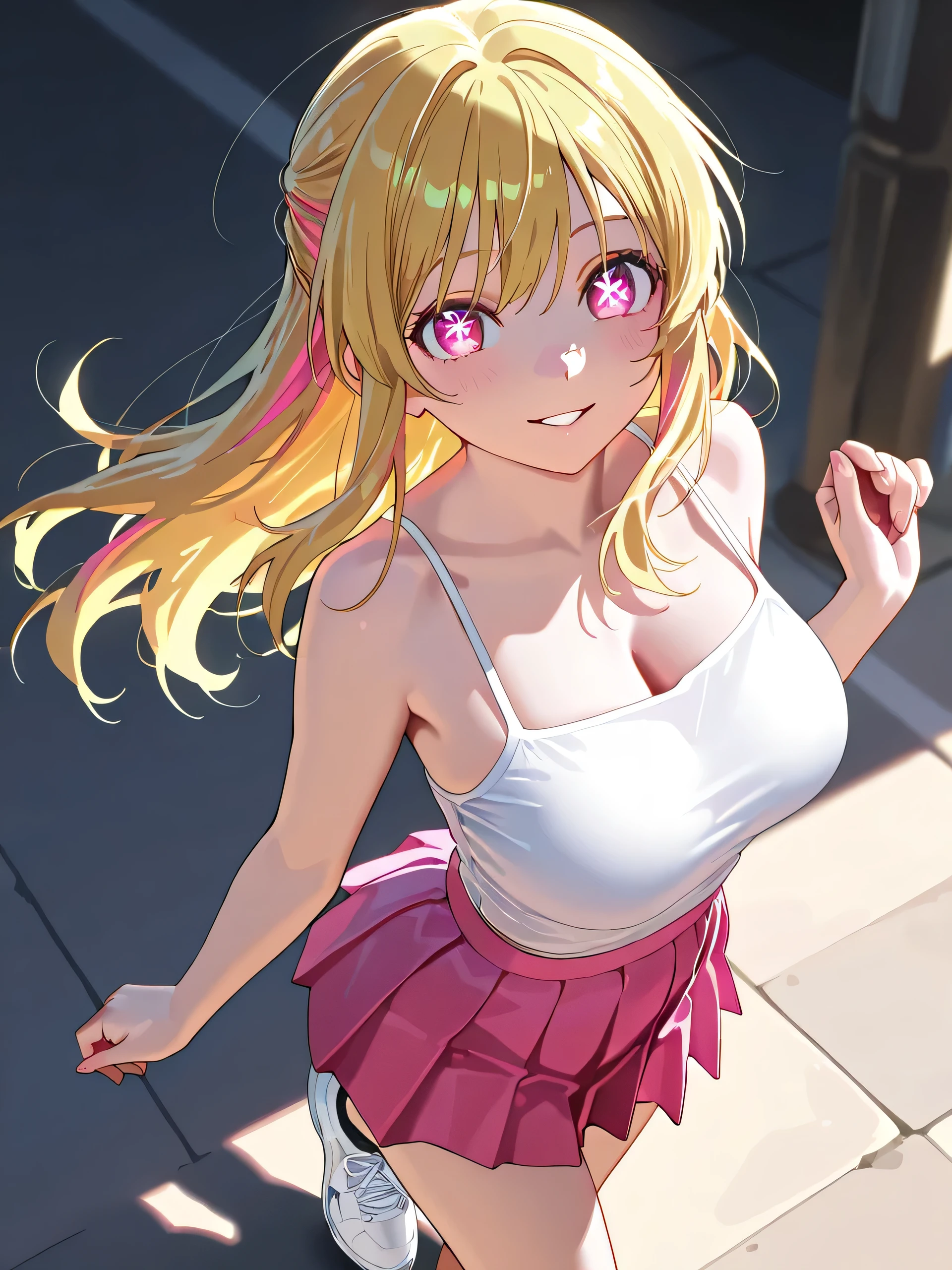 Masterpiece, newest, vibrant, very aesthetic, high contrast, young woman, Ruby Hoshino, long hair, bangs, blonde hair, pink eyes, sidelocks, symbol-shaped pupils, multicolored hair, two-tone hair, white color spaghetti strap top, pink color pleated mini skirt, white sneakers, big breast, full body, parted lips, smile, on the path, best quality, semrealistic, cowboy shot, fullmetal alchemist anime style, looking at viewer, full body view