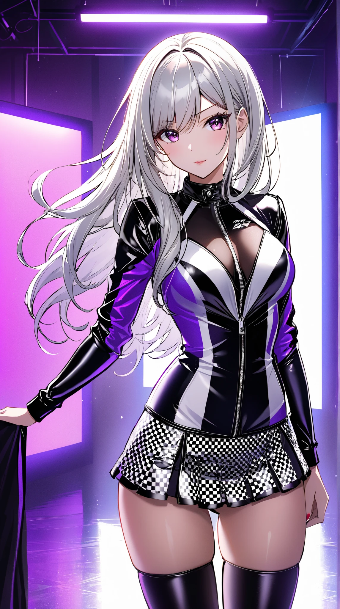 (masterpiece, best quality, detailed), 1girl, solo, looking at viewer, <lora:Black_Sister_Uni_v2:1>, uni, white hair, drill hair, twin drills, twintails, bangs, hair between eyes, sidelocks, office lady, collared shirt, black skirt, pencil skirt, <lora:pnkr2:0.5>, pnkr, indoors, cinematic lighting, pink lighting, neon lights, pink theme, red theme, leaning forward, from behind, looking back, cowboy shot, hand on own ass, grabbing own ass, ass grab, green eyes, symbol-shaped pupils, black pantyhose, wristwatch, ass, closed mouth