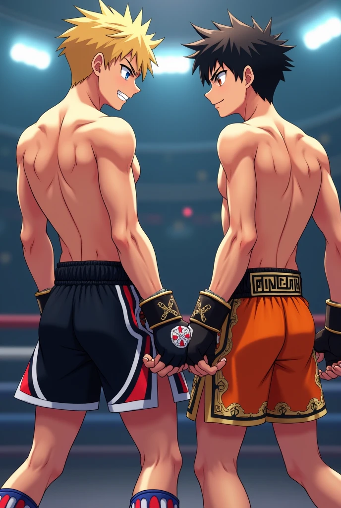 Two muscular male agers,musculous,The body is tall and broad,They all have jewel-colored tattoos on their bodies,They are all handsome young guys of 18 years old,The two wore only thongs,golden hair,White-silver hair,Emerald tong,Crystal thong,String tong,Sexy thongs,Revealing thongs,low waist thong,Bare thighs,Hot flesh,Bruises spread all over the flesh,Scarred,Sexy eight-pack abs,Bare abs,Broad pectoral muscles,Bare chest muscles,Mutual hostility,Wearing thunderbolt gloves,Underground Black Boxing Arena,Iron Cage Ring,Only thongs were worn,Clench your fists,The eyes are fierce,Launch an attack,Fight each other,Beat each other,Punch the opponent in the body,Hit the other person's body,Sweating profusely,sweat profusely
