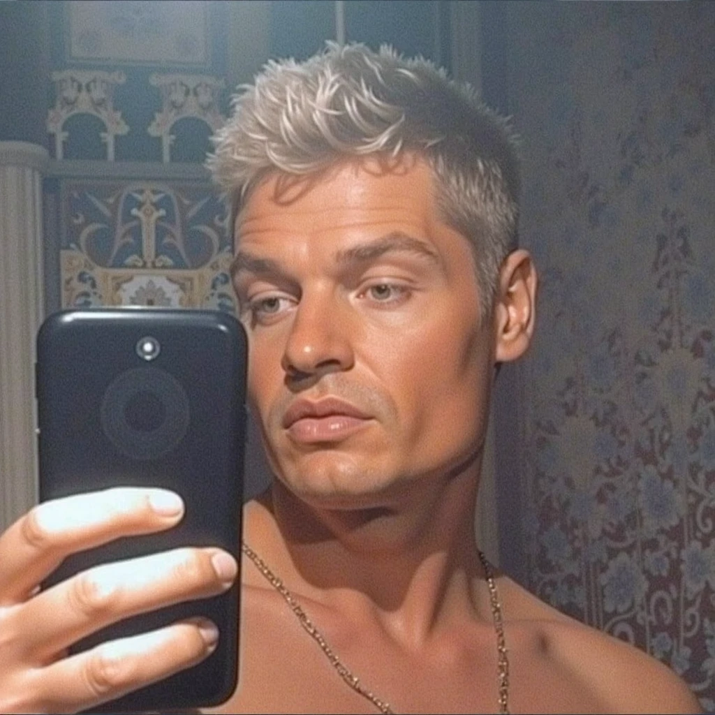 full view full body, Handsome young muscle bodybuilder 18 year old 190 cm gay model in gym shiny white latex swimming trunks, blonde undercut short haircut, gold signet ring, white Nike slides, sexy pose flexing wet and shiny skin portrait tattoo taking mirror selfie with phone pretty face wallpaper , his feet must be seen