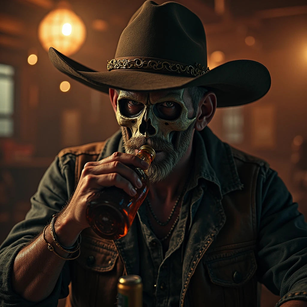 there are three people sitting at a table with a skeleton in a costume, cyberpunk wild west, a photo of an old opened camera, posing in disguise among humans, cinematic ， - h 7 6 8, a still of a happy, adamantium, oldwest, skynet, exploitable image, by Dan Scott --auto --s2