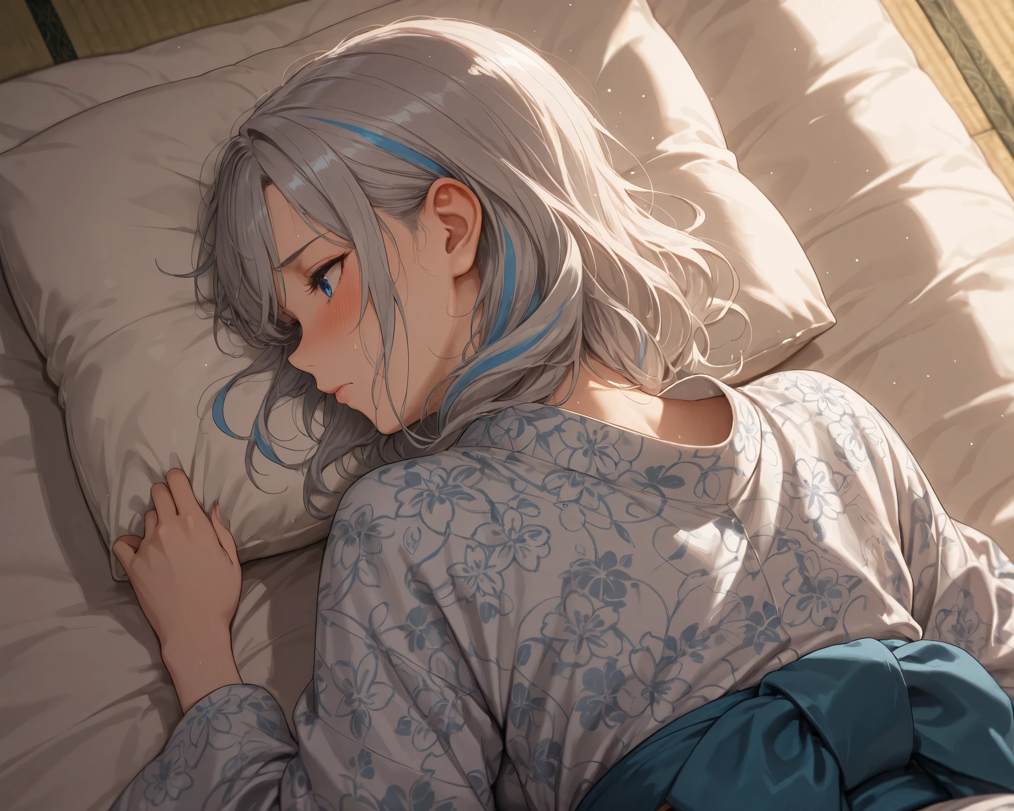 Solo, from above, close-up, facing away, mature woman, full cheek, very cute face, tilting head, silver hair, blue streaked hair, wavy hair, medium hair, blue eyes, embarrassed, curved beauty, long sleeves, kimono, indoors, Japanese room, tatami, futon, pillow, lying down, lying on the back, the greatest masterpiece, complex details, very absurd