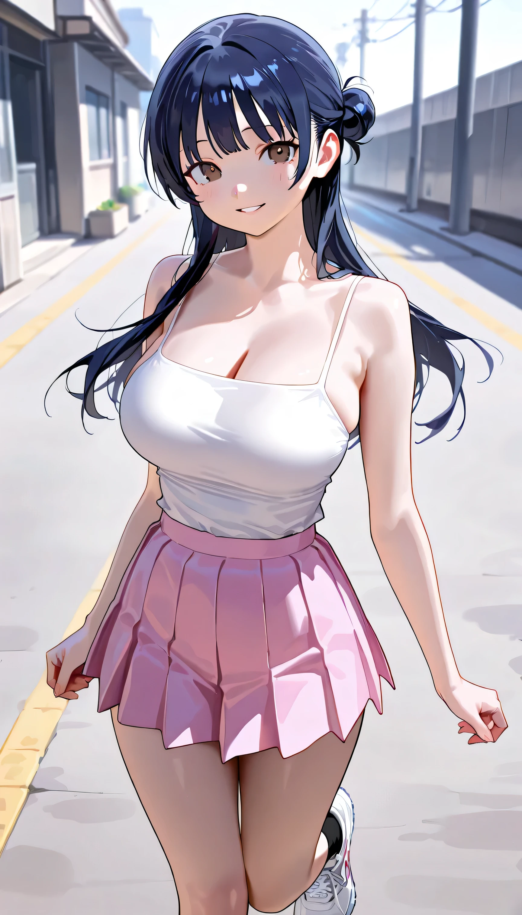 Original Character, Volumetric Lighting, Best Shadows, Shallow Depth of Field, Petite, Delicate Beautiful Attractive Face With Alluring Black Eyes, Sharp Eyebrows, Expressionless, Blush, Closed Mouth, large Breasts, Soaking Wet Clothes And Hair, See-Through Tank Top, Open Navel, Straps pink Short Pants, Cloudy Rainy Sky, Standing At The Rural Village Bus Stop In The Pouring Rain, Village Gravel Road, Looking Up The Sky, Puddle Water, Rainy Foggy Rustic Scenery, (Highest Quality, Amazing Details:1.25), purple hair, star shaped eyes, purple eyes, star pupils, long hair, close up, large breast, looking at viewer, blushing