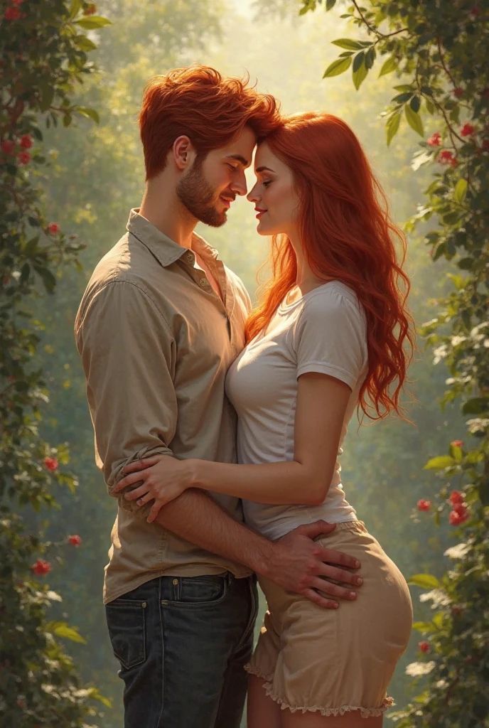 Red-headed, black sweatpants, Braless, white socks, Sexy woman without shoes kissing a man in the garden. 