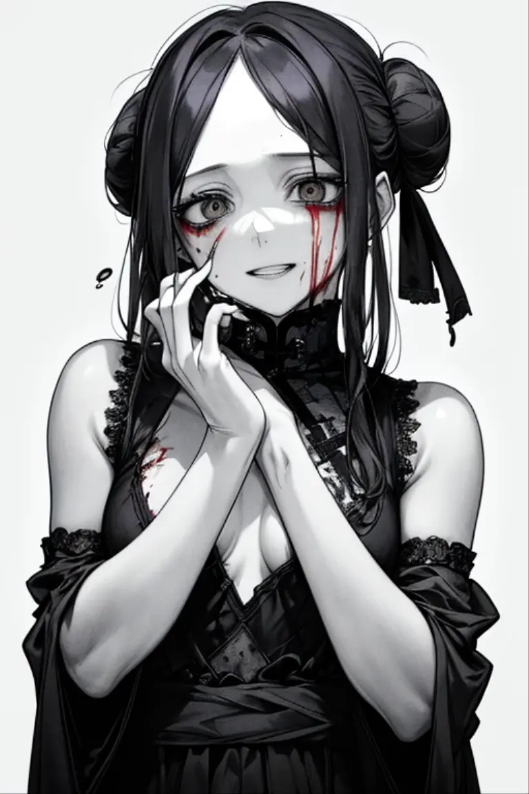 (masterpiece:1.2, Highest quality), (Actual Photos, Intricate details), (1 female, alone,whole body、Small breasts) ,Scary atmosphere、Distorted facial expressions、Blood splatter、Cuts on the face、burns on the face、whole body、Punk Fashion、Long Hair、Long Bangs、Twin tails、Black Hair、(((Dark circles under the eyes)))、Pale skin、Feeling unwell、Pathological、Wicked Smile、Crazy eyes、(Grin)Dramatic makeup,Create mixed media art、White Background