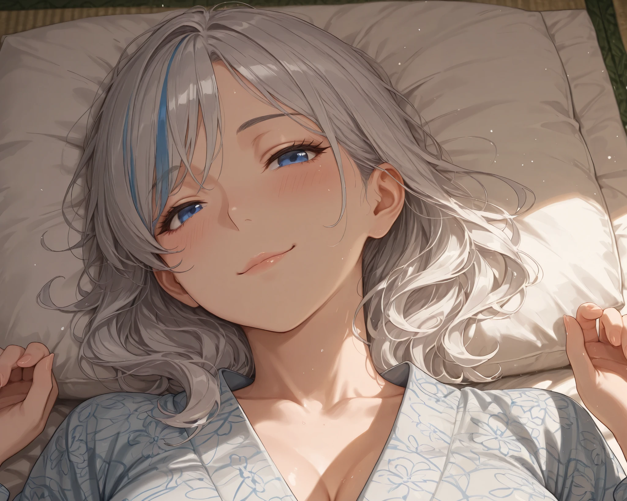 Solo, from above, close-up, mature woman, full cheek, very cute face, tilting head, silver hair, blue streaked hair, wavy hair, medium hair, blue eyes, goddess-like smile, curved beauty, long sleeves, kimono, indoors, Japanese room, tatami, futon, pillow, lying down, lying on the back, the greatest masterpiece, complex details, very absurd