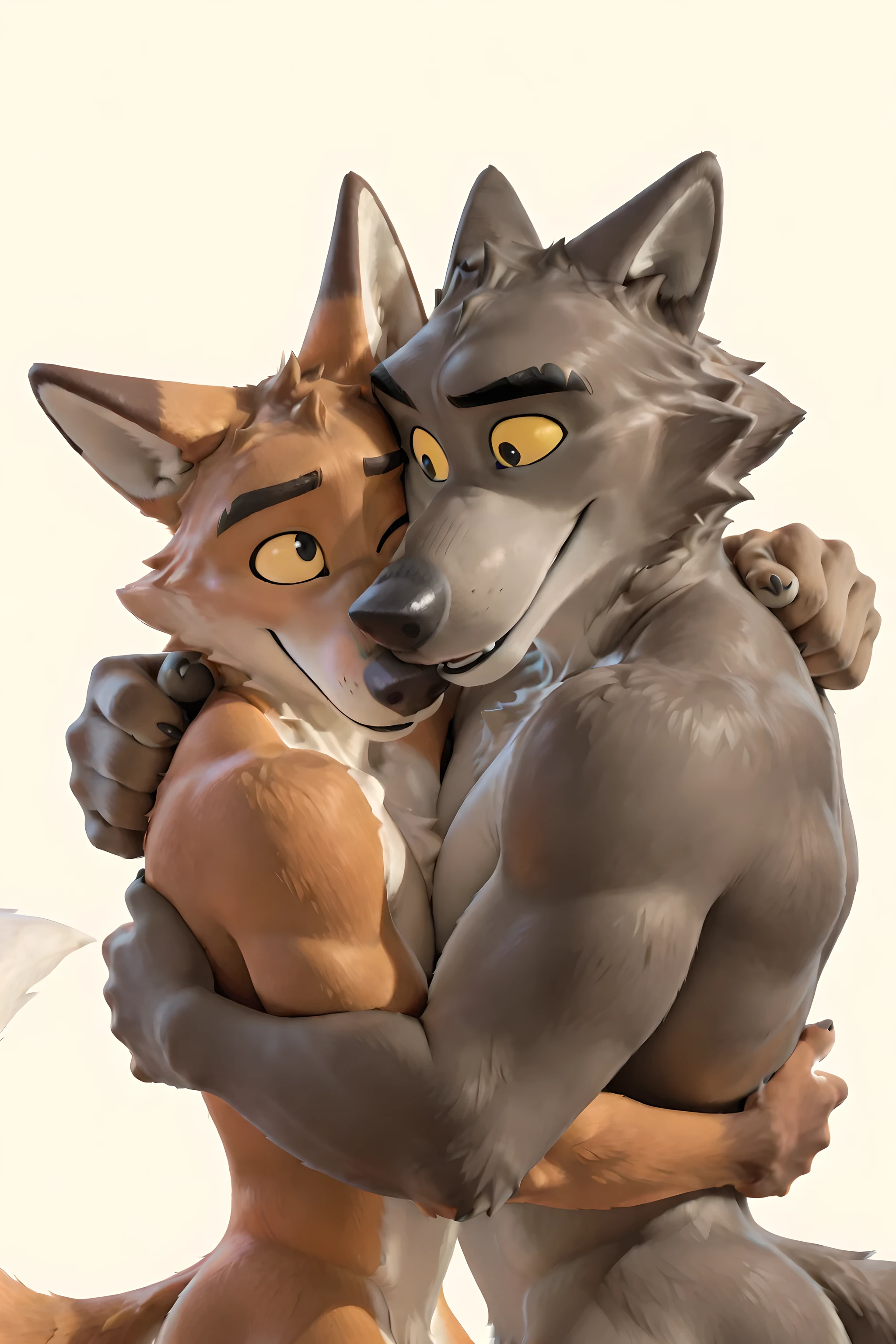 MrWolf, 2boys, two characters, mature male, anthro, wolf, grayish brown body, black eyes, yellow sclera, colored sclera, animal ears, muscular, athletic build, light underbelly, thick eyebrows, shirtless, furry body, (eyes half open), fox, anthro fox, simple background, (hug, squeezing, tight hug), by anhes