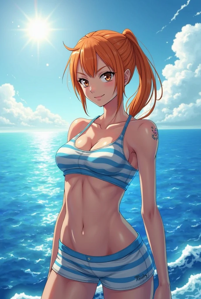 detailed background, masterpiece, 4k, epic, best quality, late youth, adult, milf, athlete body, 1girl, active, energic, ((wide open mouth, smile, lying on the ground, fully lying down, open eyes, hands spread sideway)) , solo, nami \(one piece\), 1girl, bangle, (very missy hair, tired, open mouth, feeling hot, tilting head, both hands spreadeagled, serious, hurt, glaring, open eyes, looking up, perfect detailed face, round face) bold drawing lines, muscular arms, detailed bold arm lines, flat jaw, adult woman, wavy wide streaked bangs, floating bang, (big cheeks), bare shoulders, off-shoulders, belt, bikini, bikini top only, blue sky, bracelet, springy breasts, breast lines, big round eyes, very big brown shiny eyes, bubbles, high eye position, cleavage, cloud, day, denim, earrings, floating hair, shiny hair, green belt, green bikini, bold groin lines, jeans, jewelry, medium breasts, log pose, long hair, looking at viewer, long navel, wet hair, orange hair, pants, shoulder tattoo, sidelocks, sky, solo, stomach, swimsuit, tattoo, detailed left arm, big forehead, hourglass figure, small head, toned body, wide hair, wind effect, sun effect, under the sun, narrow small ears angle, older, straight shot,