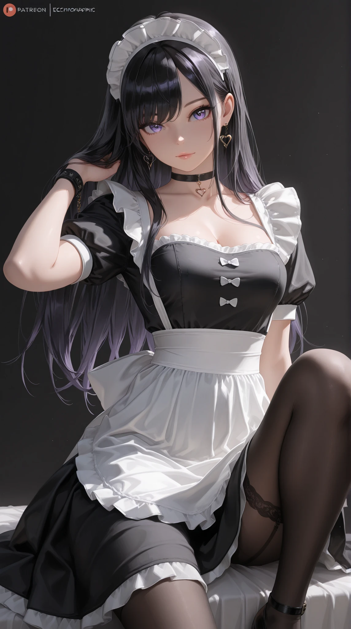 Photorealistic, high resolution, A Japanese Maid named Kimmi, solo, heavy makeup, Hips up, (standing) (Detailed face), Black hair, Long hair, black and white corset, white lace Panties , black micro skirt, fishnet Stockings. Fully clothed.