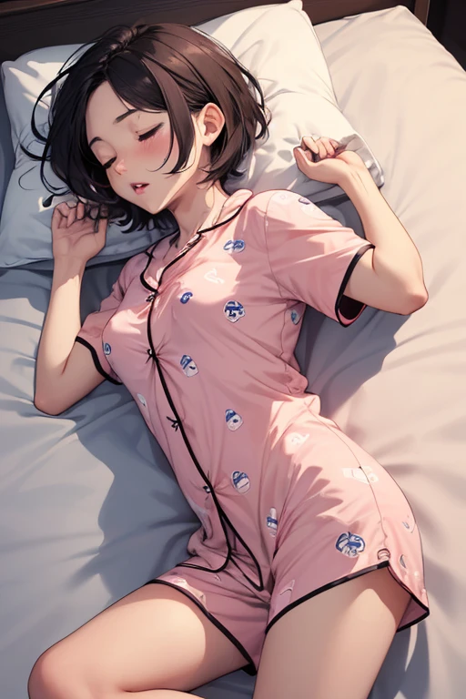 Girl in cheongsam on bed、Missionary sex posture、Open the legs in an M-shape、white panty、Genital wrinkles