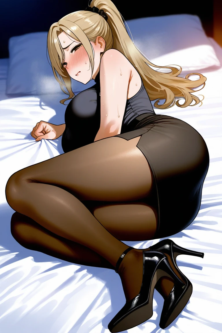 anime, beautiful face, highly detailed face, 2 accurate legs detailed eyes, highly detailed background, perfect lighting, accurate arms, beautiful blonde hair, accurate hands, accurate fingers, 1girl, solo, ruby hoshino, oshi no ko, indoors, detailed heels, black heels, detailed thighhighs, absurdres, high res, ultrasharp, 8K, masterpiece, looking at viewer, shy smile, in bedroom, on bed, (lying back on bed:1.5), (flashing panties:1.2), standing, pencil skirt lift, beautiful black panties