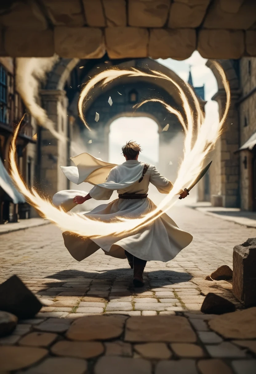 A male healer in a simple white robe, floating inside a powerful ...