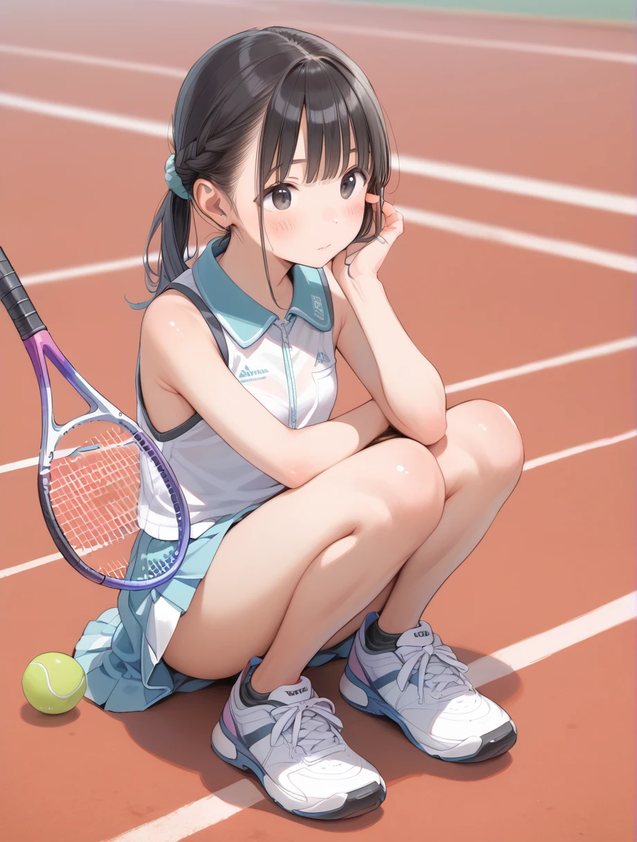 Highest quality、whole body、Black Hair、Iris、short hair、girl、cute、16 years old、、Small hair ornament、1 person、Tennis Wear、Underskirt、Panty shot、Hold the racket straight