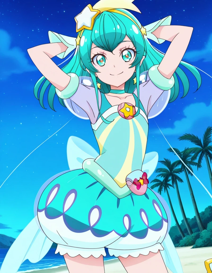 curemilky, anime screencap, high quality, closed mouth, solo, cowboy shot, night sky, beach, hands behind head, ((contrapposto)), looking at viewer, smile, best quality