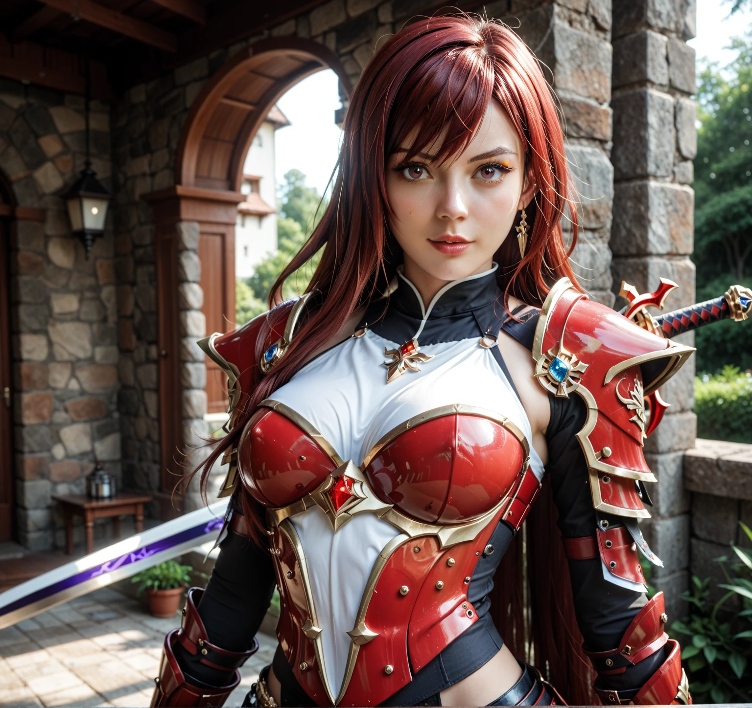 8k,(Samurai)、Devil Mask、Super Beauty(Like the real thing)、Red Armor Solo Adult Devil Woman、Muscular macho body type,Super Muscular Beauty,Bodybuilding,(Equipped with a long and large spear)、Mature Woman Big Woman Devil。Sturdy jaw(Like the real thing),Stand facing forward,Demon Armor,A wonderful work of art,((Kyoto Panel Style))、Wind effects:1.9、Cloud effect:1.2、Full Rendering,Devil makeup,masterpiece,Photorealistic RAW photos of the highest quality。Bright colors,Rich colors, Backlight, Cinema Lighting, Film Grain, 50mm lens, Nikon D850,Ultra-Realistic Skin,Fantasy art,Character Art,Ultra-high resolution,Realistic scale skins,Perfect hand shape,View your viewers,View your viewers,Top-down view,close,Uplifting,Dynamic fighting pose,