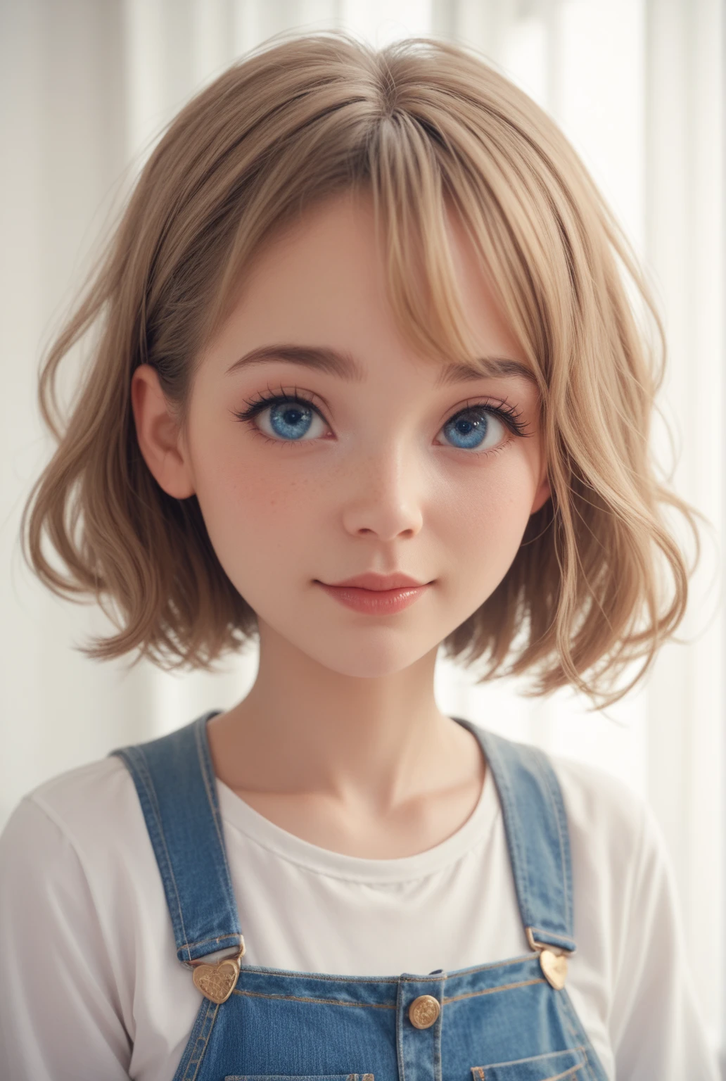 A 15 year old girl,
Pale skin and pink lips,
huge breasts,
blue eyes,
a sweet smile,
short brown hair,
with a bow on her head,
