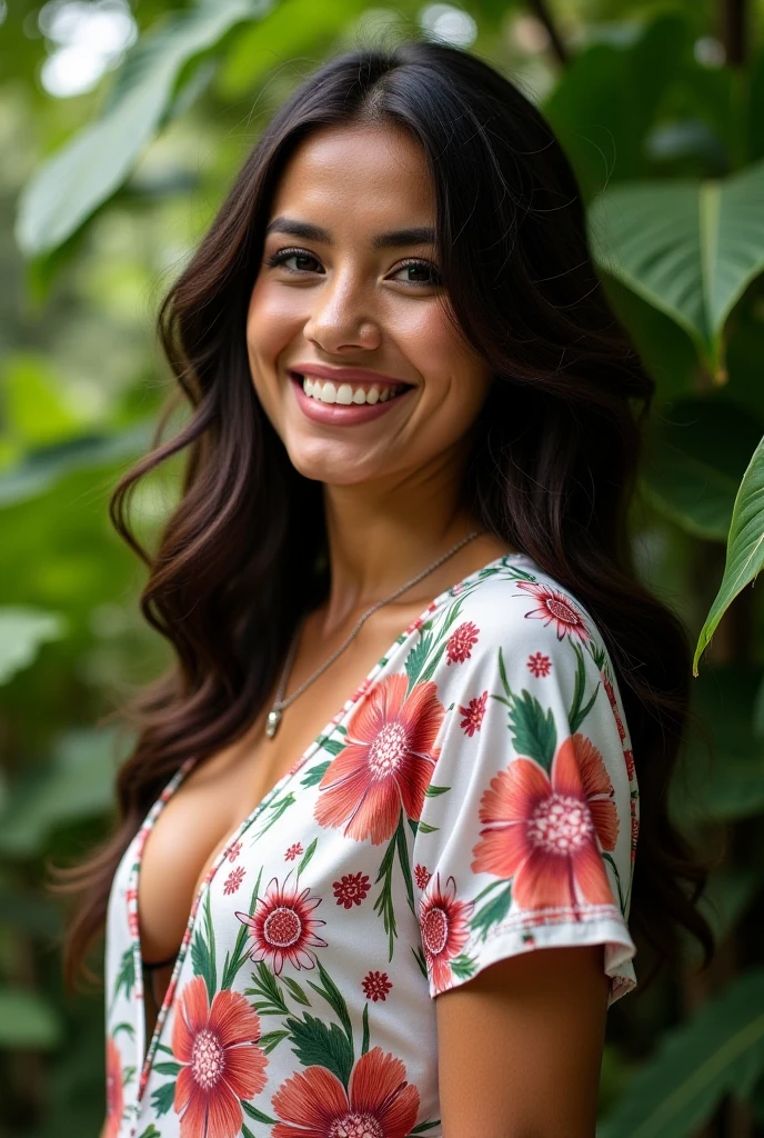 A Brazilian woman in a lush tropical garden, wearing an open shirt with a floral print, with a close-up capturing the harmonious beauty between her breasts and the natural flowers, showing off your natural charm and outgoing personality.