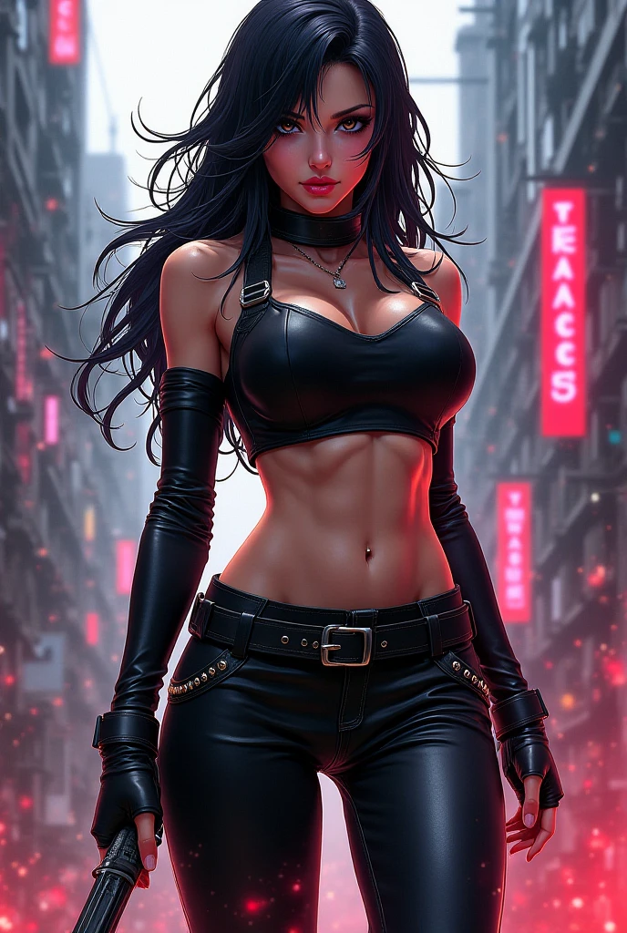 Adult woman, Ebony leather, black skin, long curly black hair, red eyes, Bondage on the eye, musculature, Black hired tight top, Mercenary pants, arma, sword, smirk, Masterpiece, hiquality