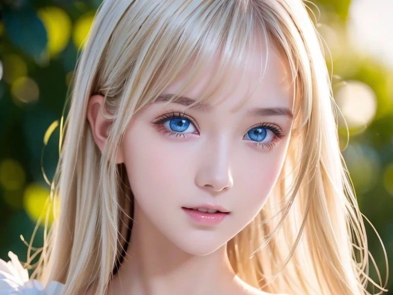 Beautiful white and shining skin、Blonde hair that changes color depending on the light、Bangs between eyes obstruct vision、Shiny highlights on the cheeks、Sexy, very beautiful, lovely, cute, gorgeous face、The most beautiful face in the world、Super long and gorgeous blonde hair、Super long and smooth super long straight hair、Big Breasts, Very large, Beautiful sparkling bright blue eyes、Beautiful Bangs、Beautiful cute girl.Small Face Beauty、Cheek Gloss Highlighter、Round face