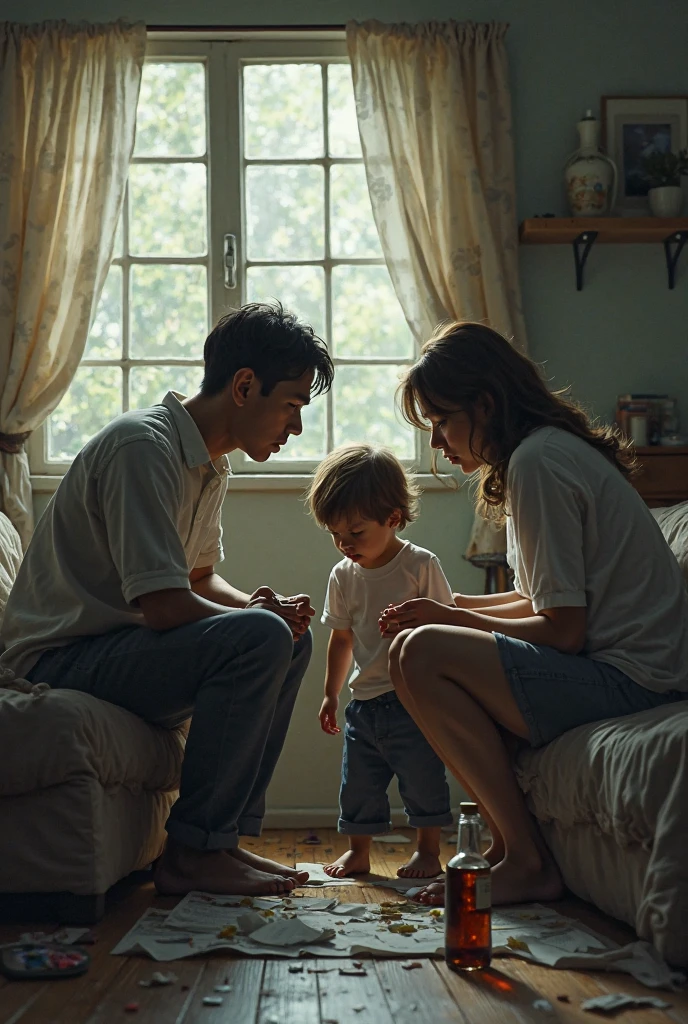A highly realistic image of the same young boy, around with short black hair, standing in a small, dimly lit living room. The boy is wearing the same striped shirt and dark pants. He looks down at the floor with tears streaming down his cheeks, his shoulders hunched and his face flushed with shame and sadness. In front of him, his two parents are standing with angry expressions. The father, a tall man with a stern face, is pointing a finger at the boy, while the mother, with a disappointed look, has her arms crossed. The room is cluttered, with a small table and a few chairs scattered around, adding to the tense atmosphere. The scene captures a moment of emotional humiliation, where the young boy is clearly being scolded and shamed by his parents, highlighting a deep sense of vulnerability and emotional pain.