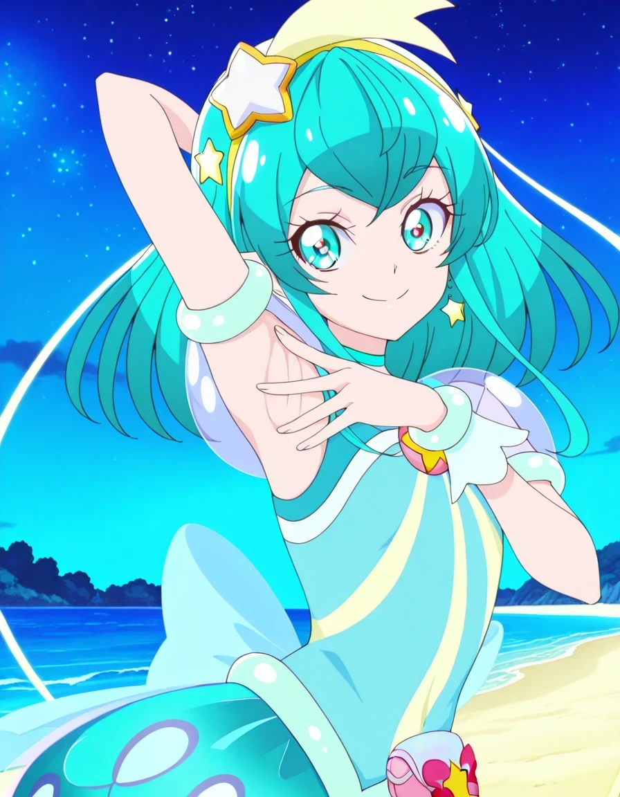 curemilky, anime screencap, high quality, closed mouth, solo, upper body, night sky, beach, hand behind head, v, spread armpit, presenting armpit, ((contrapposto)), looking at viewer, smile, best quality,