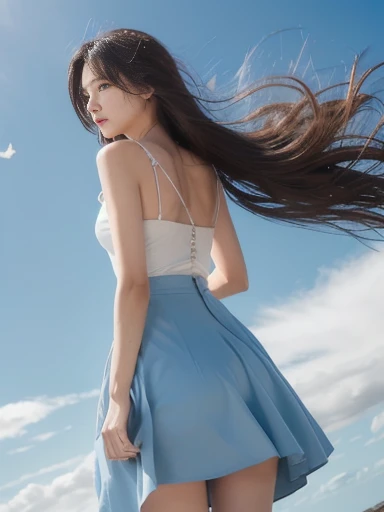best quality, masterpiece, 1 girl, beautiful face, (photo realistic:1.3), edge lighting, from below, (high detail skin: 1.2), 8k ultra hd, DSLR, high quality, high resolution, 4k, 8k, bokeh, ridiculous, best ratio four fingers and one thumb, (realistic: 1.3), cute 1girl, huge breasts, white pleated skirt, nude photo, from below