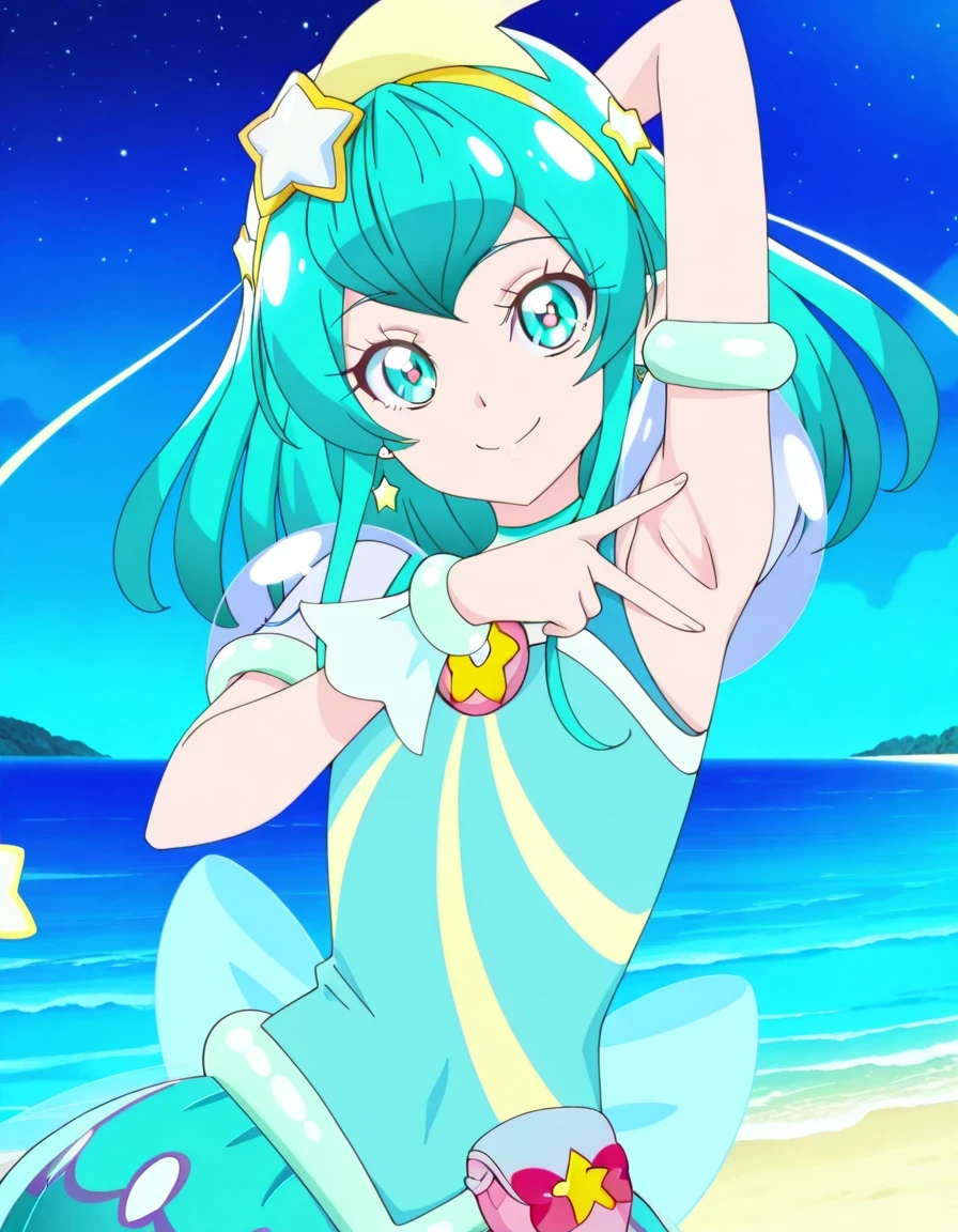 curemilky, anime screencap, high quality, closed mouth, solo, upper body, night sky, beach, hand behind head, v, spread armpit, presenting armpit, ((contrapposto)), looking at viewer, smile, best quality,