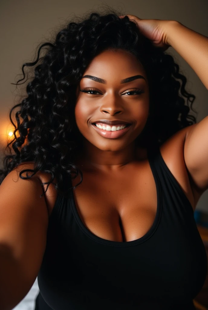 fat obese ebony woman, detailed face, gigant cleavage, (tank top:1.1), long straight hair, solo, looking at viewer, photorealistic, smirk, in front of you, upper body, in the night street, (leaning forward:1.2)