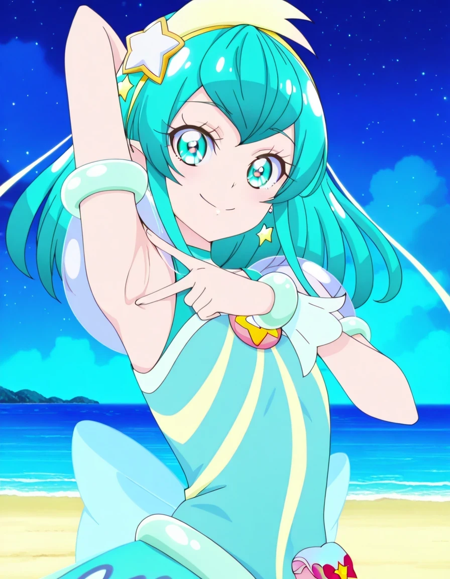 curemilky, anime screencap, high quality, closed mouth, solo, upper body, night sky, beach, hand behind head, v, spread armpit, presenting armpit, ((contrapposto)), looking at viewer, smile, best quality,