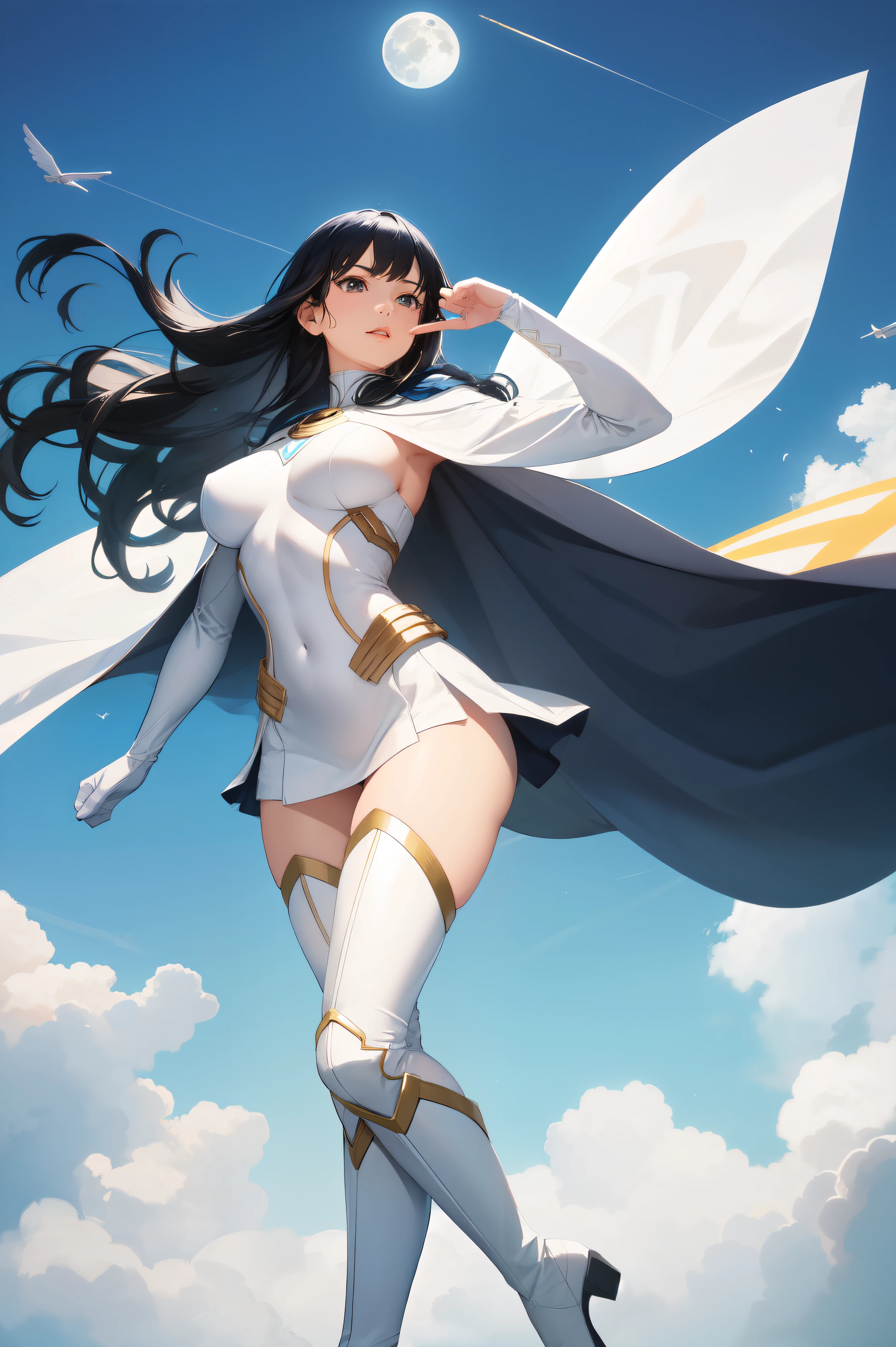 ((best quality)), ((masterpiece)), ((1girl, solo)), ((ultra realistic)),  English, beautiful detailed face, detailed eyes, sexy police officer, ((black leotard, police uniform)), white bracelets, warehouse backdrop, highly detailed, professional, bare legs, (full body costume design), twirling, brown hair, medium hair, brown eyes, (thigh-high matching boots), shoulder holster, shoulder pads, badge, tornado spin, small whirlwind, wind particles, dust particles, wind swirls, light particles, cyclone spin, wind vortex, powered spin, powering up, super spin pose, high speeds, fast spin