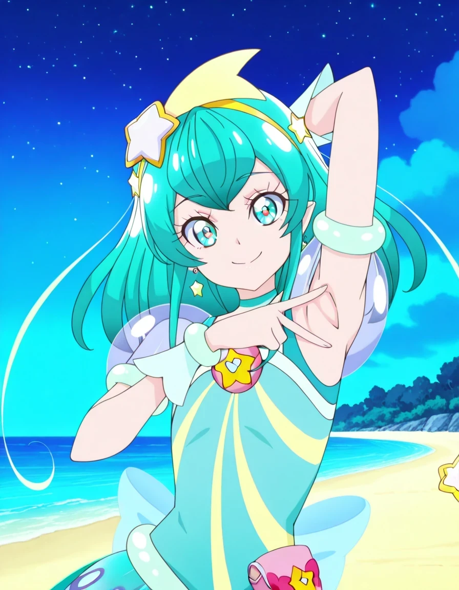 curemilky, anime screencap, high quality, closed mouth, solo, upper body, night sky, beach, hand behind head, v, spread armpit, presenting armpit, ((contrapposto)), looking at viewer, smile, best quality,